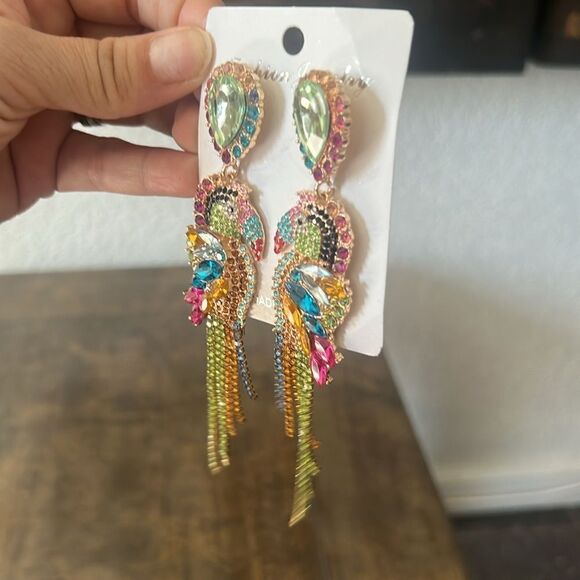 New Long Rainbow Crystal Parrot Earring - Picture 9 of 11